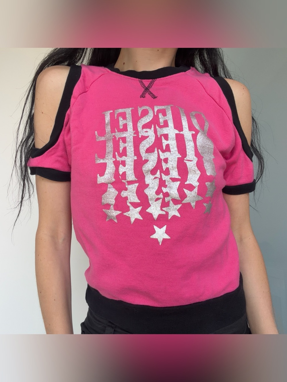 DIESEL Cold-Shoulder Graphic Top in Hot Pink with Silver Stars